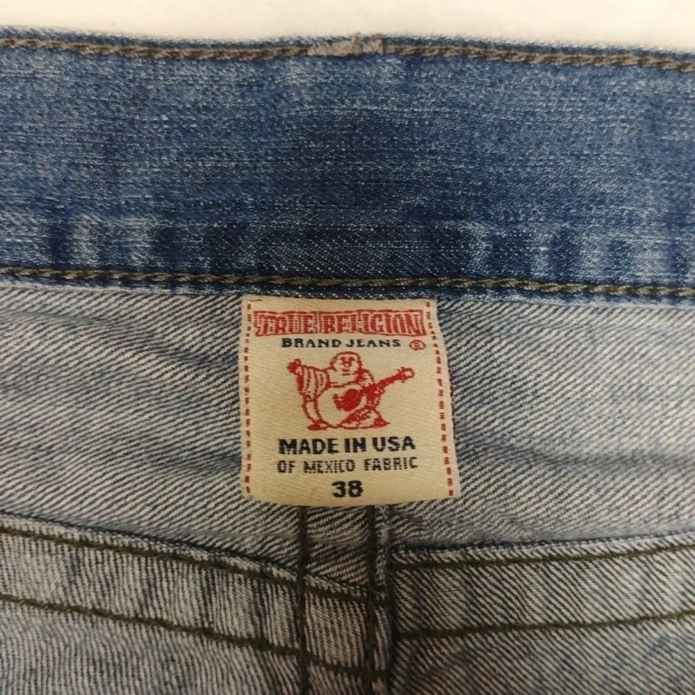 True Religion Jeans Men 38x34 Blue Straight Light Wash Billy Super T Embroidered